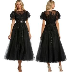 New Mac Duggal Embellished Flutter Sleeve A-Line Dress Black Size 6